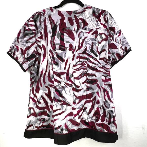 Ubane Scrubs Top Womens Large-Modern Abstract - Black/Maroon/Gray SS Stretch - Picture 3 of 5